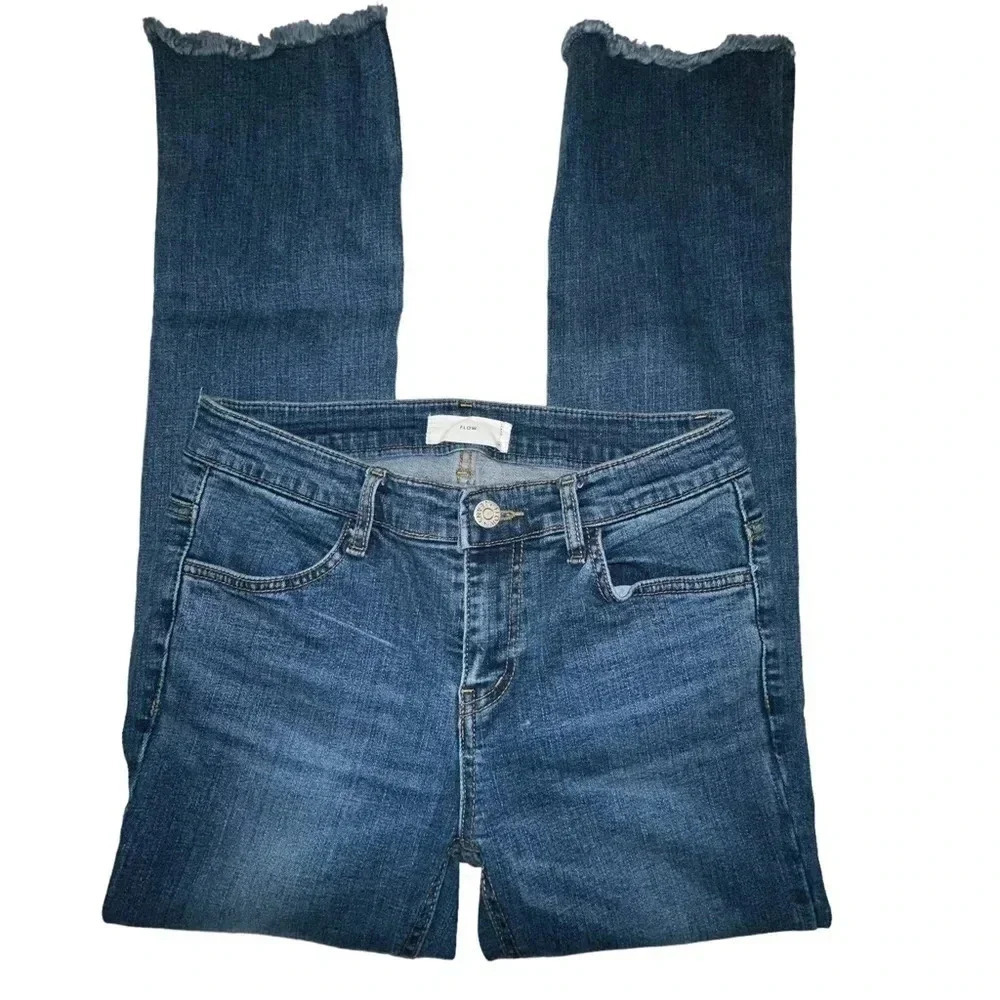 Flow Jeans Slim Straight Size M Medium Blue Raw Frayed Hem Denim Pants